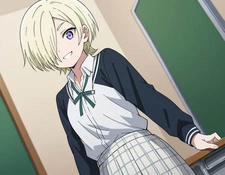 score_9, score_8_up, score_7_up, source_anime, <lora:mia-taylor-s2-ponyxl-lora-nochekaiser:1>, mia taylor, short hair, blonde hair, purple eyes, hair over one eye,, skirt, shirt, ribbon, school uniform, collared shirt, plaid, black shirt, neck ribbon, plaid skirt, white skirt, jacket, checkered skirt, nijigasaki academy school uniform,, indoors, smile, looking at viewer, solo,, cowboy shot, dutch angle