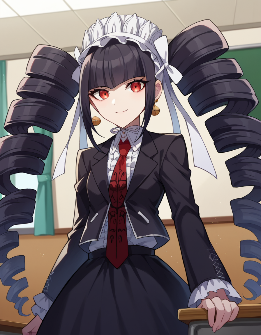 score_9, score_8_up, score_7_up, source_anime,
celestialudenberg, <lora:celestia-ludenberg-ponyxl-lora-nochekaiser:1>,
celestia ludenberg, long hair, bangs, black hair, red eyes, long sleeves, twintails, drill hair, twin drills, smile,
skirt, shirt, black hair, long sleeves, jewelry, jacket, earrings, frills, necktie, black skirt, black jacket, red necktie, bonnet, print necktie,
indoors, classroom,
looking at viewer, cowboy shot, dutch angle,