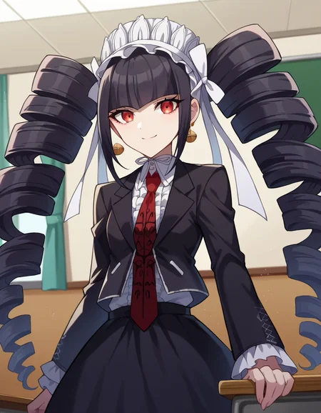 score_9, score_8_up, score_7_up, source_anime,
celestialudenberg, <lora:celestia-ludenberg-ponyxl-lora-nochekaiser:1>,
celestia ludenberg, long hair, bangs, black hair, red eyes, long sleeves, twintails, drill hair, twin drills, smile,
skirt, shirt, black hair, long sleeves, jewelry, jacket, earrings, frills, necktie, black skirt, black jacket, red necktie, bonnet, print necktie,
indoors, classroom,
looking at viewer, cowboy shot, dutch angle,