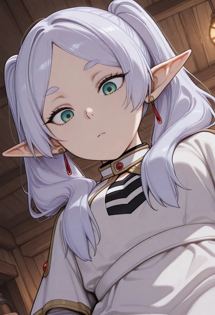 masterpiece, by piaki, best quality, very detailed,
1 girl, frieren, white hair, twintails, flowing hair, windy, green eyes, big eyes,
Indoors, tavern, cowboy shot, dutch angle, lap pov, lap pillow, from below, ceiling, looking down, pov, reaching towards viewer,