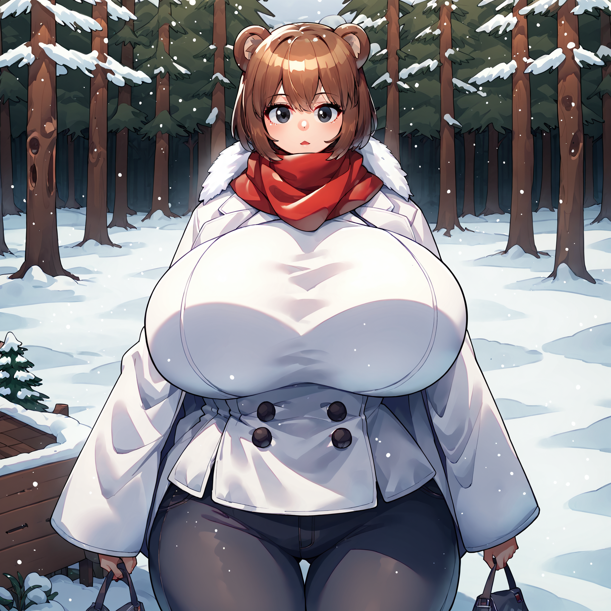 (masterpiece), best quality, (highly detailed), 1female, solo, <lora:Umigarasu_style_Pony:0.8> , score_9, score_8_up, score_7_up, bear ears, brown hair, black eyes, gigantic breasts, wide hips, white winter coat, pants, fitting clothes, forest, snow, cabin, red scarf, looking at viewer, blank expression,