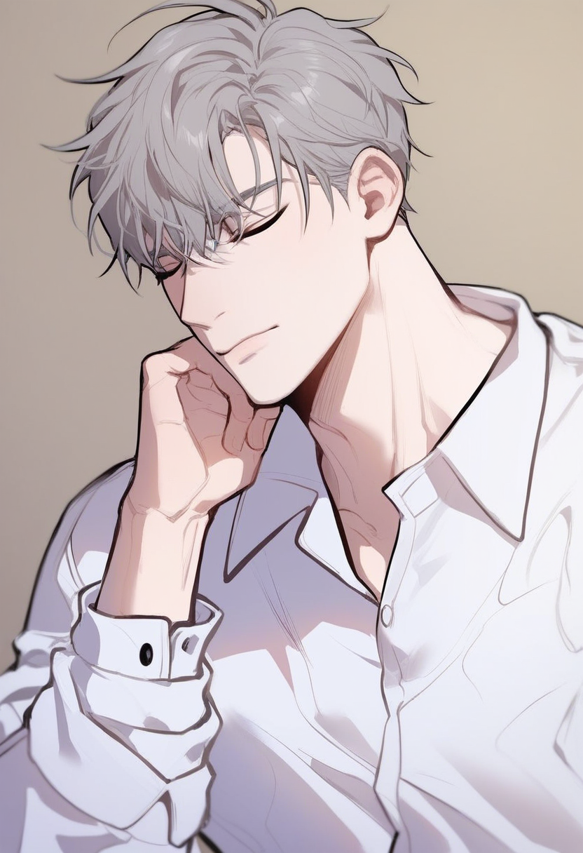 embedding:Pony\Positive\zPDXL3, score_9, score_8_up, score_7_up, score_6_up, passion_ilay, 1boy,  grey hair, grey eyes, male focus, solo, shirt, white shirt, short hair, collared shirt, upper body, closed mouth, closed eyes, bangs, long sleeves