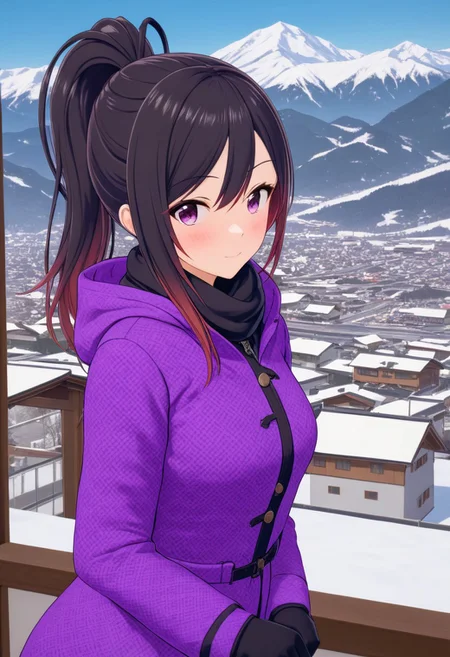 masterpiece, best quality,sensual face, purple eyes, ponytail,beautiful,mountain view, snow outfit