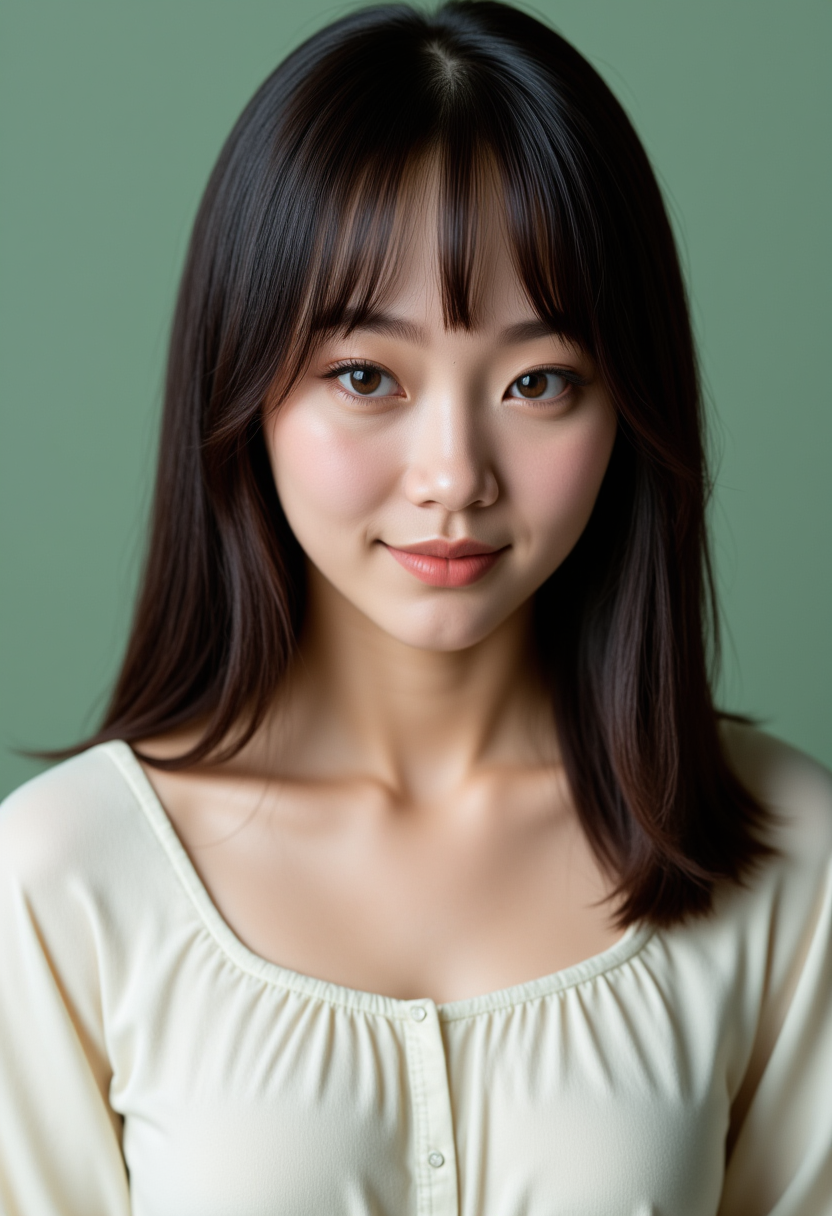 She is approximately 18 years old. Hyperrealism, she is looking at the camera, (dynamic angles), profile headshots of a beautiful, stunning unique female character. She has dark hair. her eyes are filled with joy and excitement, extravagant eyelashes. A photo of Sung_CDC, wearing a white frilly shirt. The woman is posing confidently. simple sage green colored background. She has a slight smile on her face and is looking directly at the camera. making this image a masterpiece of photography and digital art. realistic. making this image a masterpiece of photography and digital art. Style: realistic hyper-detailed rendering, 32k UHD, expressive eyes, punk, graphic design, girl's face, pretty and cute, gleaming lips, telling a tale of adventure. Exuding confidence and serenity. The overall mood of the image is happy and relaxed,detailed skin texture,(blush:0.2),(goosebumps:0.3),subsurface scattering,whimsical,Detailed hand, Perfect hand. Perfection style.