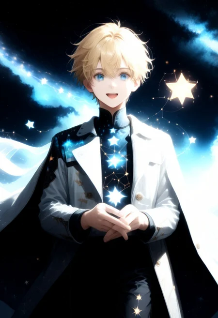 , score_9, score_8_up, score_7_up, 1boy, highly detailed, aesthetically stunning, anime-style, blonde-haired, blue-eyed, young man, short hair, bangs, smiling, open mouth, white coat, long sleeves, white baggy shorts, glowing scarf, floating, space setting, starry sky, star symbols, intricate, luminous, amazing aesthetic, intricate details