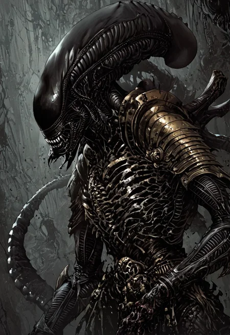 score_9, score_8_up, score_7_up, score_6_up, score_5_up, score_4_up,<lora:Fant5yP0ny:0.8>, xenomorphic creature from Lords of the Fallen, black templar armor, gold sword of Pieta, solo, gold eyes, blood on face