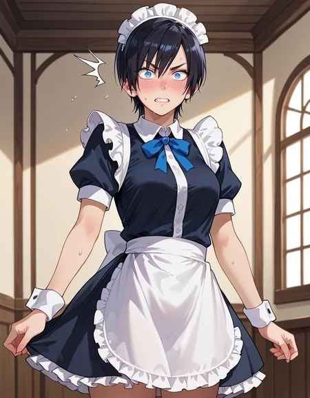 score_9, score_8_up, score_7_up, source_anime, anime screencap, anime coloring, masterpiece, best quality, uncensored, 1girl, solo, (cowboy shot:1.2), aonuma, tomboy, black hair, short hair, asymmetrical bangs, hair between eyes, blue eyes, sharp eyes, thin eyebrows, medium breasts, tall female, maid clothes, maid, black dress, frilled dress, short dress, frills, white puffy short sleeves, wrist cuffs, maid headdress, maid aprons, <lora:Aonuma_Eishuu Meikaroku_Pony:1>, standing, embarrassed, surprised, teeth, clenched teeth, sweat, indoors, shiny body, shiny skin, (skindentation:1.2), clear skin, shiny hair, ultra detailed eyes, depth of field, sharp, (intricate details, hyperdetailed:1.15)