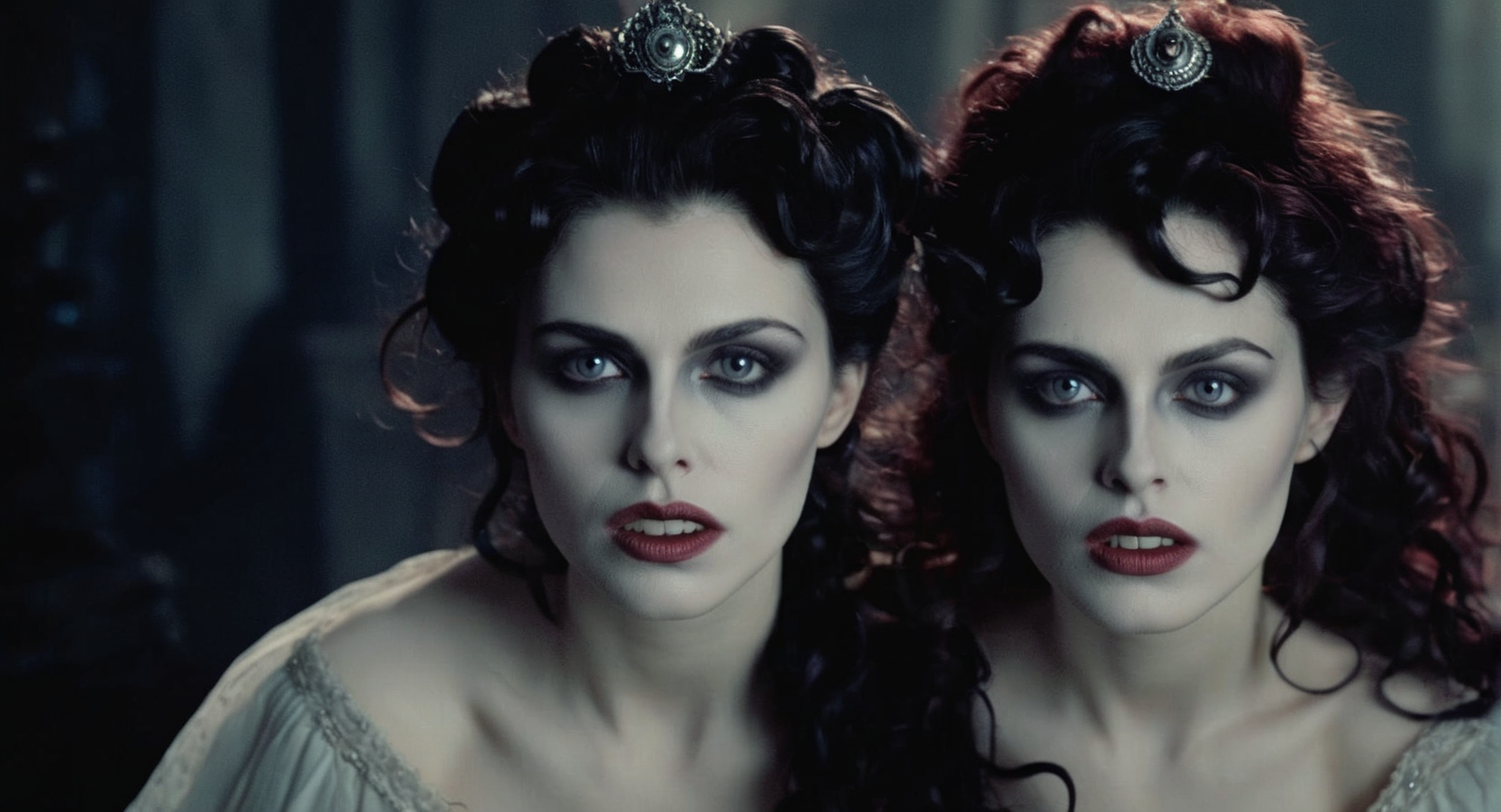Dark Fantasy Art of (Cinematic Film stock footage style) in (arri alexa style) (Kodak film print style), hyperrealism
 <lora:Female Vampire:1>
Female Vampire 1 woman with a weird face and a weird hair and with a vampire makeup and vampire fang teeth, dark, moody, dark fantasy style