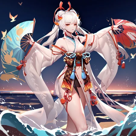 1girl, shiranui \(onmyoji\), dancing by ocean, hand fans, hare \(qing\), beautiful light, masterpiece, best quality, absurdres <lora:shiranui_xl_delta_2:1>