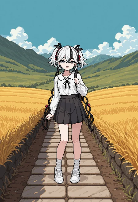 masterpiece, best quality, newest, pixel_art,
camellya, white hair, hair vines, streaked hair, multicolored hair, hair ornament, short twintails, black eyes, red pupils,
This is a digital drawing of a young woman standing outdoors in a rural setting. The artwork is in the anime style, characterized by its detailed, expressive lines and vibrant colors. The woman has fair skin, large, expressive blue eyes, and long, straight brown hair styled in two high pigtails. She wears a loose-fitting, off-white blouse with long sleeves and a black, pleated skirt that falls just below her knees. Over her blouse, she has a black dress with a white collar, giving her a slightly retro, schoolgirl-like appearance. On her feet, she wears white sneakers with black accents and white socks.
She carries a black backpack on her shoulders, which adds to her casual, everyday look. The background features a vast, open landscape with rolling hills and distant mountains under a clear blue sky. The sky is dotted with a few fluffy white clouds, and the mountains are a mix of light and dark shades, indicating varying degrees of elevation. In the mid-ground, there is a field of tall, dry grasses, suggesting a late summer or early autumn setting. The foreground includes a low stone wall, which she leans against, and a paved pathway, adding a touch of modernity to the otherwise rustic scene.
<lora:Camellya_sylphyAI_v10_Illustrious:1.0>
<lora:Pixel_Leonmitchelli_v01_Illustrious:0.85>