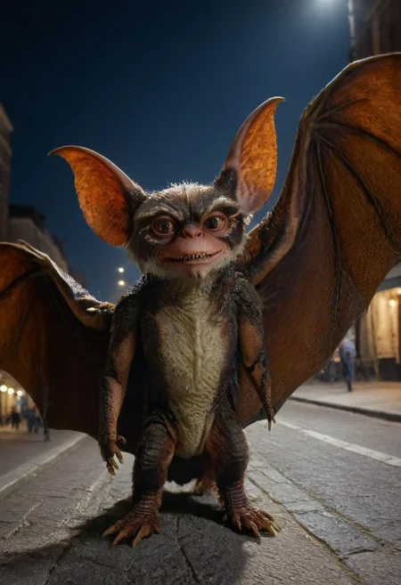 (Xbatx:1.3), Xgremlinx, Big wings of bat, amazing quality, masterpiece, best quality, hyper detailed, ultra detailed, UHD, perfect anatomy, portrait, hyper-realism, majestic, awesome, inspiring, - portrait in night city street , cinematic composition, soft shadows, national geographic style,