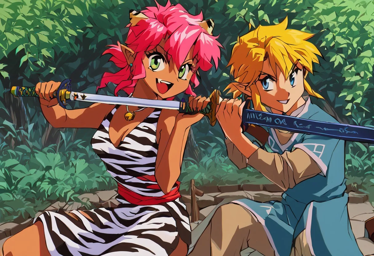 score_9, score_8_up, score_7_up, score_6_up, Masterpiece, source_anime screenshot, duo, 1 girl, 1 boy, vivid colors, retro anime style, high-res, beautiful aesthetic, very intricate, high-quality details, vibrant, highly detailed, award-winning, professional, <lora:pink-ponyxl-v2:1>, open mouth smile, single fang showing, sleeveless dress, white tiger print dress, pelvic curtain, cleavage, white cat ears, cat bell necklace, bright pink hair, tanned, white tiger tail, red sash, small breasts, leather shoes, detailed eyes, green eyes, detailed face, BREAK score_9, score_8_up, score_7_up, score_6_up, Masterpiece, source_anime, 1 girl, 1 boy, vivid colors, anime style, high-res, beautiful aesthetic, very intricate, high-quality details, vibrant, highly detailed, award-winning, professional, <lora:link:0.8> link1, link, soft smile, pointy ears, blonde hair, blue eyes, medium hair, side locks, earrings, short ponytail, blue hylian tunic
Break
Under a thick forest canopy, <lora:sword-guard-stance-ponyxl-lora-nochekaiser:1>, sword guard stance, sword, weapon, duo, katana, holding, pink and link holding weapon, holding sword, looking at viewer,