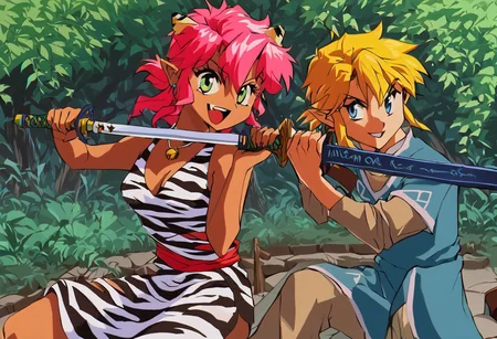 score_9, score_8_up, score_7_up, score_6_up, Masterpiece, source_anime screenshot, duo, 1 girl, 1 boy, vivid colors, retro anime style, high-res, beautiful aesthetic, very intricate, high-quality details, vibrant, highly detailed, award-winning, professional, <lora:pink-ponyxl-v2:1>, open mouth smile, single fang showing, sleeveless dress, white tiger print dress, pelvic curtain, cleavage, white cat ears, cat bell necklace, bright pink hair, tanned, white tiger tail, red sash, small breasts, leather shoes, detailed eyes, green eyes, detailed face, BREAK score_9, score_8_up, score_7_up, score_6_up, Masterpiece, source_anime, 1 girl, 1 boy, vivid colors, anime style, high-res, beautiful aesthetic, very intricate, high-quality details, vibrant, highly detailed, award-winning, professional, <lora:link:0.8> link1, link, soft smile, pointy ears, blonde hair, blue eyes, medium hair, side locks, earrings, short ponytail, blue hylian tunic
Break
Under a thick forest canopy, <lora:sword-guard-stance-ponyxl-lora-nochekaiser:1>, sword guard stance, sword, weapon, duo, katana, holding, pink and link holding weapon, holding sword, looking at viewer,