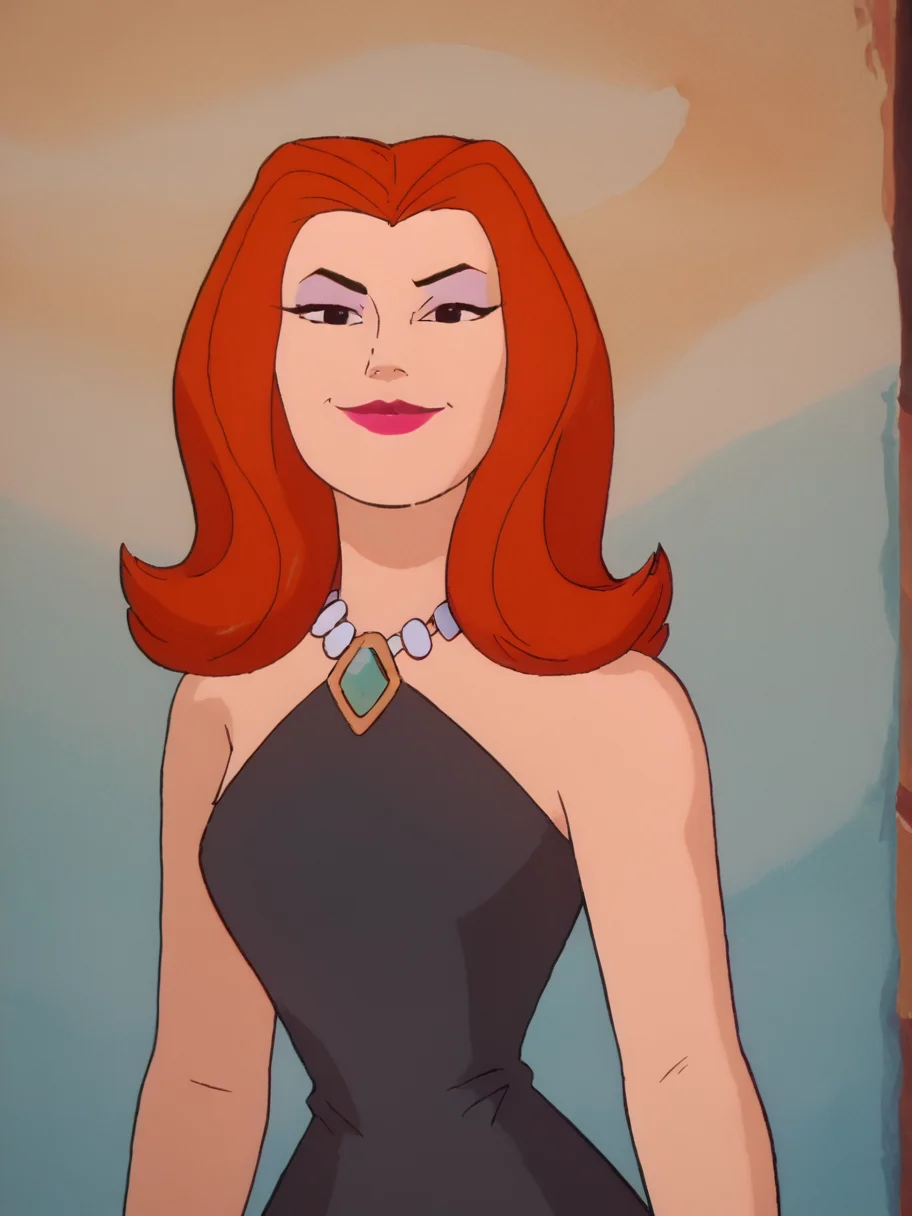 easynegative, zPDXL ,1girl, solo, cowboy shot, looking at the viewer, flirty, smug
<lora:Sheera_Mightor_Pony:1> sheera, red hair, long hair,  lipstick, makeup, black eyes, dress, necklace
<lora:Artist_Style_-_Melkor_Mancin_Romulo_Mancin_Style_PDXL:.55>  <lora:Scooby-Doo_1999_style:.65> <lora:PerfectEyesXL:1> perfecteyesâââ