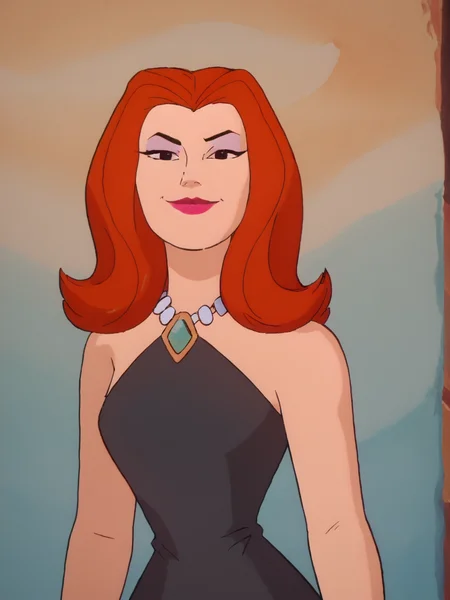 easynegative, zPDXL ,1girl, solo, cowboy shot, looking at the viewer, flirty, smug
<lora:Sheera_Mightor_Pony:1> sheera, red hair, long hair, lipstick, makeup, black eyes, dress, necklace
<lora:Artist_Style_-_Melkor_Mancin_Romulo_Mancin_Style_PDXL:.55> <lora:Scooby-Doo_1999_style:.65> <lora:PerfectEyesXL:1> perfecteyesâââ