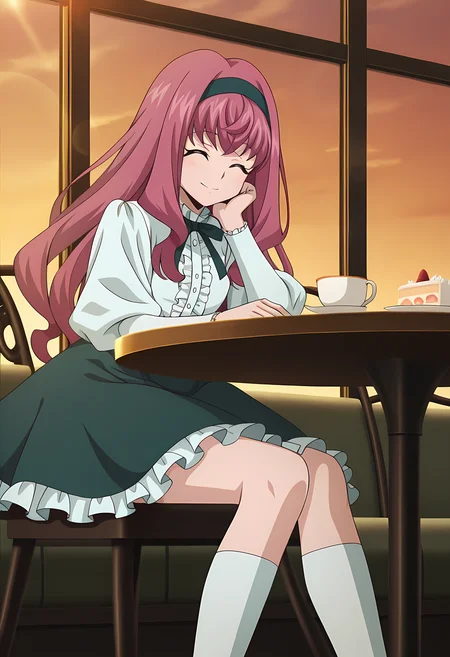 masterpiece,best quality,amazing quality,
1girl, solo,
Mirei Minae (Cardfight Vanguard), long hair, old rose hair, closed eyes,
hairband, white shirt, puffy sleeves, frills, long sleeves, green skirt, frilled skirt, white socks, kneehighs,
smile, hands on table,
cinematic, cup of tea, cake, cookies,
Sit, sitting, cafe, afternoon, sunset,
Lens flare, bloom,
Official style, anime screencap, anime coloring,