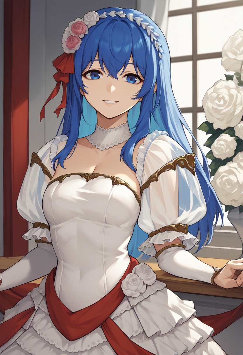 score_9, score_8_up, score_7_up, source_anime BREAK 1girl, solo, <lora:caeda-fe-richy-v1_pdxl:1> caedabrd, blue eyes, blue hair, long hair, bangs, hairband, frilled hair ornament, bride, wedding dress, cleavage, detached sleeves, puffy short sleeves, see-through sleeves, long sleeves, frills, smile, looking at viewer, standing, indoors, red ribbon