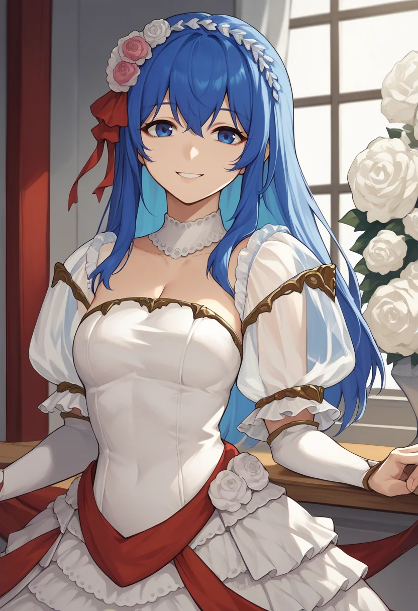 score_9, score_8_up, score_7_up, source_anime BREAK 1girl, solo, <lora:caeda-fe-richy-v1_pdxl:1> caedabrd, blue eyes, blue hair, long hair, bangs, hairband, frilled hair ornament, bride, wedding dress, cleavage, detached sleeves, puffy short sleeves, see-through sleeves, long sleeves, frills, smile, looking at viewer, standing, indoors, red ribbon