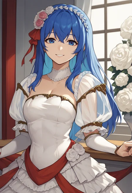 score_9, score_8_up, score_7_up, source_anime BREAK 1girl, solo, <lora:caeda-fe-richy-v1_pdxl:1> caedabrd, blue eyes, blue hair, long hair, bangs, hairband, frilled hair ornament, bride, wedding dress, cleavage, detached sleeves, puffy short sleeves, see-through sleeves, long sleeves, frills, smile, looking at viewer, standing, indoors, red ribbon