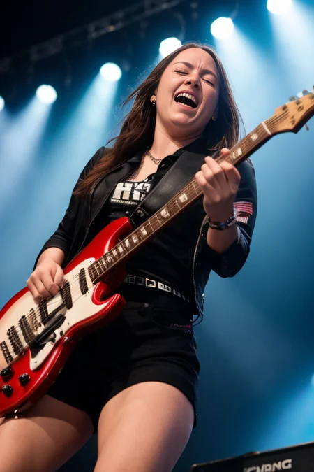 one female guitar hero on stage, full of emotion, head shaking