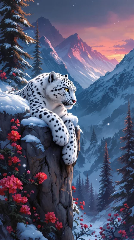 Vibrant brushstrokes dance across the canvas as a majestic white snow leopard lies precariously close to the edge of a rugged cliff. Its paws dangle down amidst crimson flowers blooming in the snow, surrounded by towering fir trees against the somber backdrop of black winter mountains. As night falls, the air is heavy with darkness and gloom, yet a hint of burgundy sunlight lingers on the horizon, casting an ethereal glow across the scene. Winter's chill is palpable as snowflakes gently fall, capturing every detail in high definition.