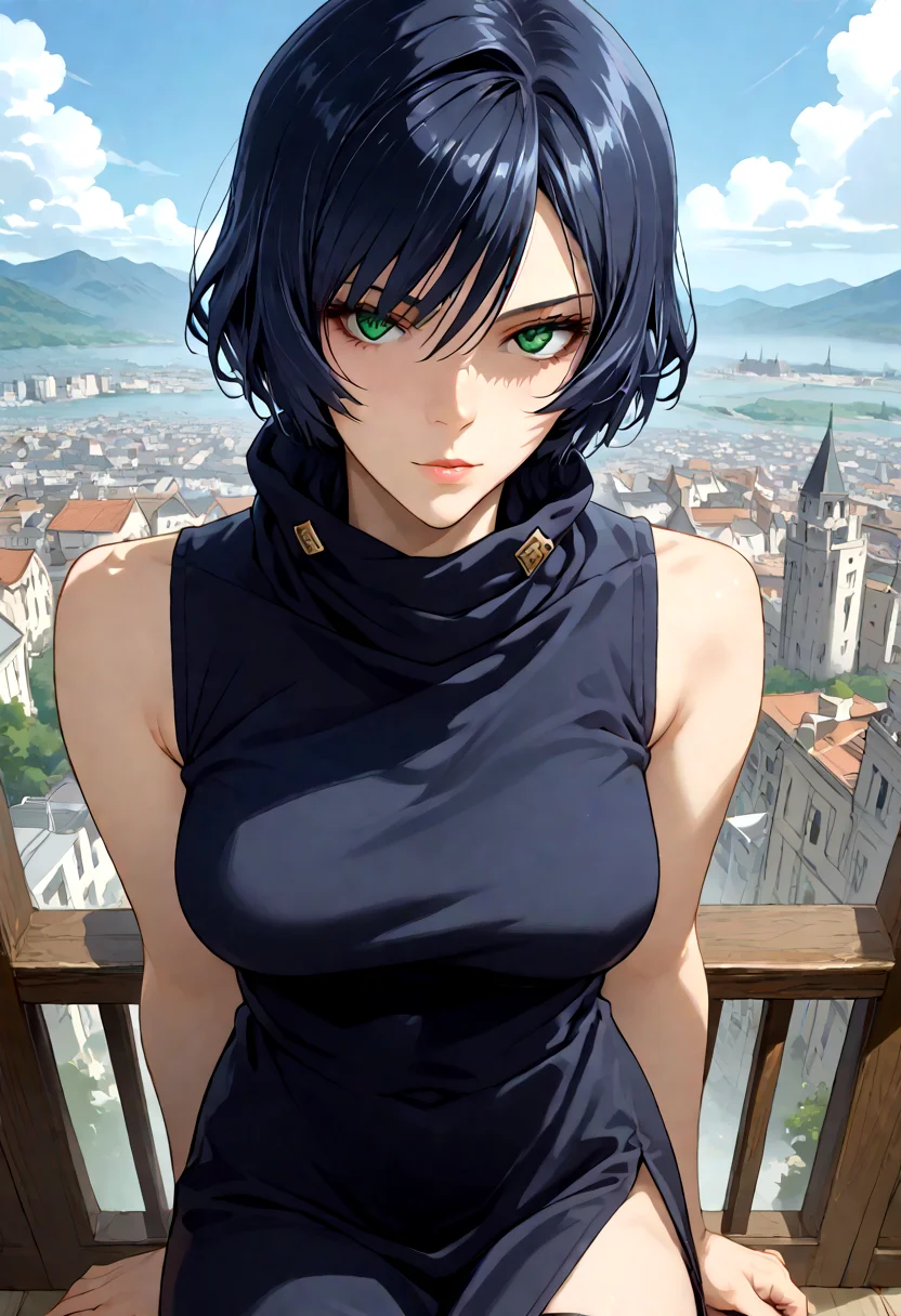 1girl, solo, zenin mai, black hair, green eyes, black dress, sleeveless dress, turtleneck, side slit, thigh strap, bare shoulders,