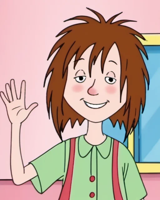 1girl, solo, llhh1, brown hair, short hair, green shirt, smile, half closed eyes, waving at viewer, upper body, <lora:llhh1:1>,