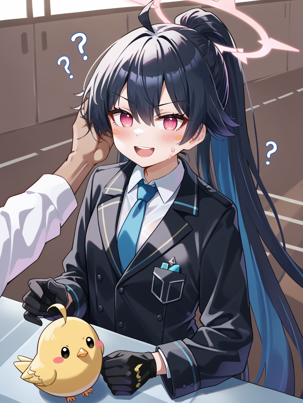 1girl, 
jacket, open mouth, hair between eyes, out of frame, upper body, halo, blue necktie, cropped torso, multicolored clothes, long hair, long sleeves, shirt, necktie, gloves, multicolored gloves, solo focus, blush, holding, white jacket, black gloves, black jacket, ponytail, blush stickers, very long hair, ahoge, looking at viewer, pink eyes, v-shaped eyebrows, smile, sidelocks, pink halo, sweatdrop, white shirt, collared shirt, headpat,
she is wearing a school uniform with a blue tie and a white shirt. she has long black hair that is styled in two braids on top of her head. the girl is holding a small yellow bird in her hand and appears to be looking at it intently. above her head, there are several question marks scattered around, indicating that she is deep in thought. the background is white.
score_9, score_8_up, score_7_up, source_anime
 <lora:style021:0.9>