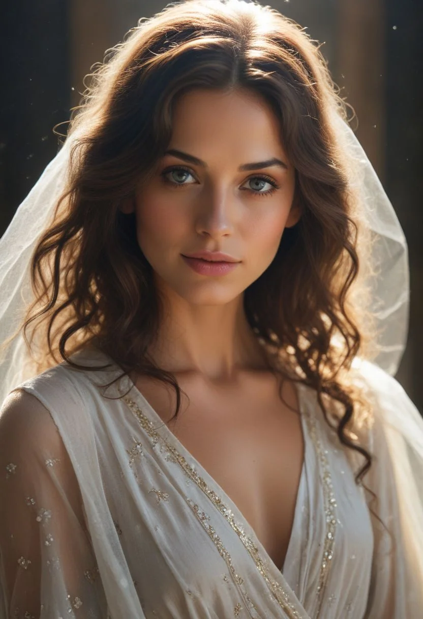 In the dimly lit chamber, the enchantress' eyes sparkled with a tantalizing promise, their depths shimmering like twin stars. Her gaze, intense and mesmerizing, held the power to captivate and ensnare. The soft glow of the firelight played across her delicate features, highlighting the allure of her enigmatic smile. Draped in flowing, ethereal robes that clung to her graceful form, she moved with a fluid elegance that seemed almost otherworldly. Each glance she cast was a silent invitation, filled with the unspoken allure of secrets and desires yet to be revealed. The air around her thrummed with a subtle, magical energy, as if the very atmosphere responded to her presence. Those who met her gaze felt a magnetic pull, drawn into the spellbinding promise of her eyes, unable to look away.