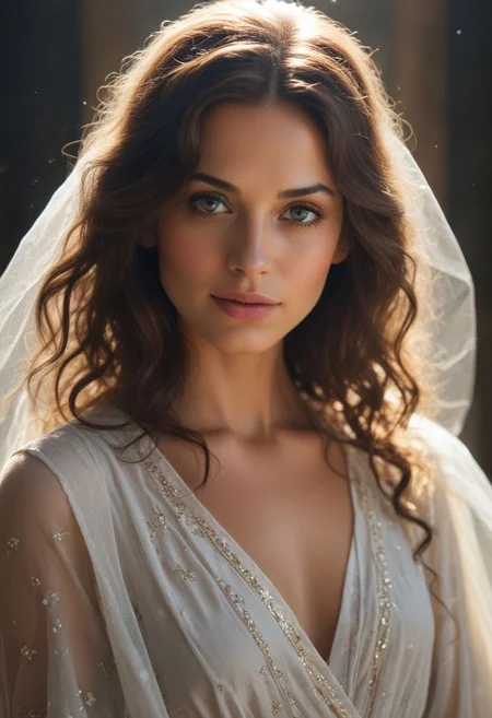 In the dimly lit chamber, the enchantress' eyes sparkled with a tantalizing promise, their depths shimmering like twin stars. Her gaze, intense and mesmerizing, held the power to captivate and ensnare. The soft glow of the firelight played across her delicate features, highlighting the allure of her enigmatic smile. Draped in flowing, ethereal robes that clung to her graceful form, she moved with a fluid elegance that seemed almost otherworldly. Each glance she cast was a silent invitation, filled with the unspoken allure of secrets and desires yet to be revealed. The air around her thrummed with a subtle, magical energy, as if the very atmosphere responded to her presence. Those who met her gaze felt a magnetic pull, drawn into the spellbinding promise of her eyes, unable to look away.