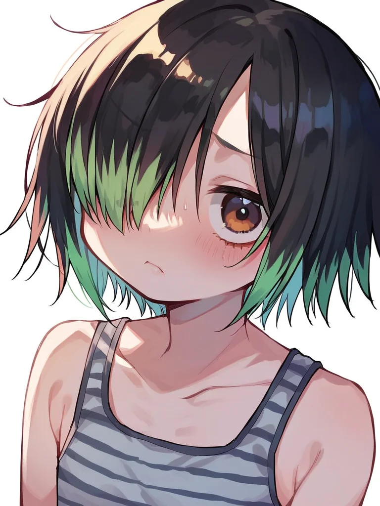 score_9, score_8_up, score_7_up,
1girl, komidori mai, medium hair, black hair, hair over one eye, highlights, flat chest, jitome,
green highlights, brown eyes,
upper body, white background, striped tank top, looking at viewer, closed mouth, shy, frown,