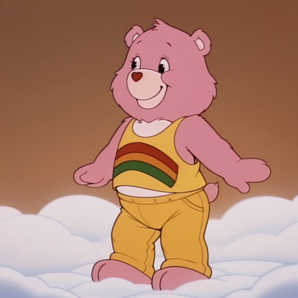 masterpiece, best quality, amazing quality, cheerbearil, semi-anthro, female, bear_girl, pink fur, black eyes, yellow tank top, yellow pants, standing, on a cloud, smile