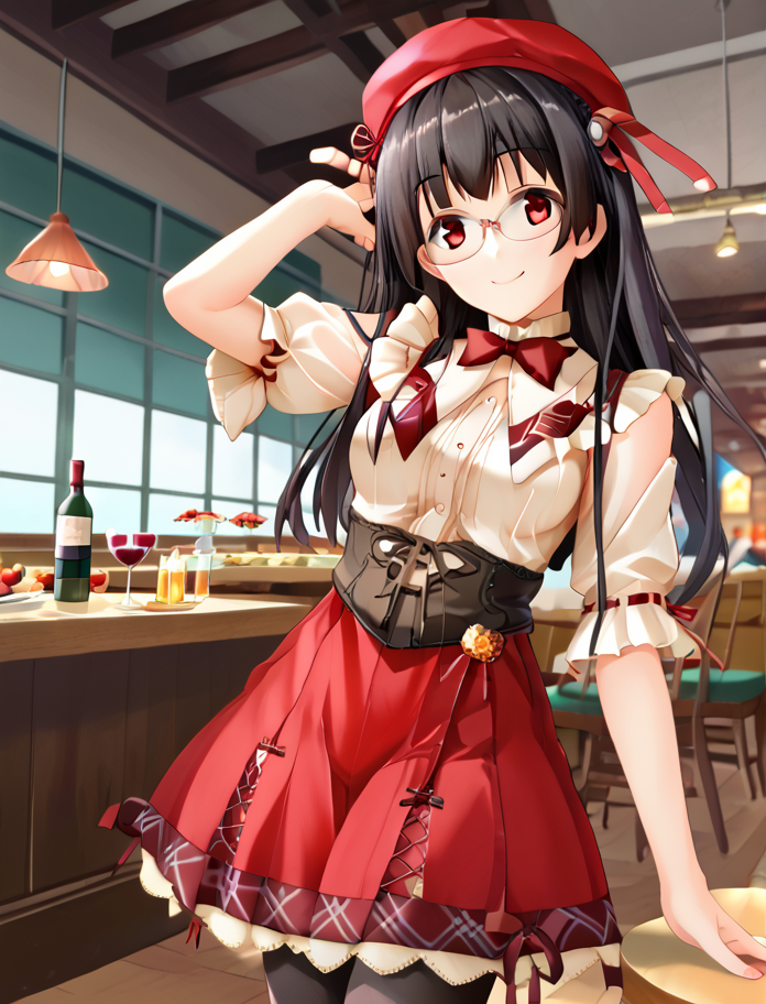 score_9, score_8_up, score_7_up, score_6_up, score_5_up, score_4_up, (source_anime:1.3),(masterpiece:1.3), (high quality:1.3),(1girl: pia3_pr,(red beret:1.2),beige blouse,frills,red bowtie,brown corset,red skirt,frilled skirt,pantyhose,choukai kai ni (kantai collection), red eyes,black hair, red eyes, long hair, medium breasts, glasses,smile,have wine bottle  ), <lora:pia_carrot_3_outfits:1.0>, restaurant,   <lora:ChoukaiKaiNi:0.85>