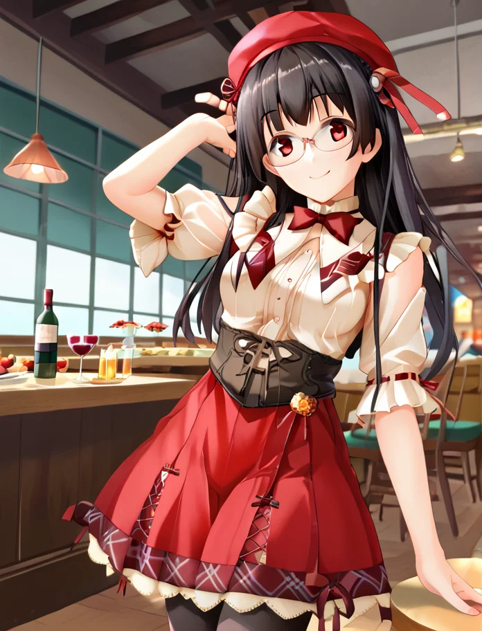 score_9, score_8_up, score_7_up, score_6_up, score_5_up, score_4_up, (source_anime:1.3),(masterpiece:1.3), (high quality:1.3),(1girl: pia3_pr,(red beret:1.2),beige blouse,frills,red bowtie,brown corset,red skirt,frilled skirt,pantyhose,choukai kai ni (kantai collection), red eyes,black hair, red eyes, long hair, medium breasts, glasses,smile,have wine bottle ), <lora:pia_carrot_3_outfits:1.0>, restaurant, <lora:ChoukaiKaiNi:0.85>