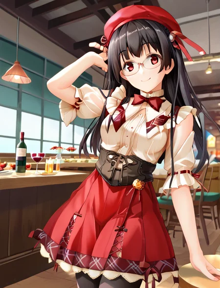 score_9, score_8_up, score_7_up, score_6_up, score_5_up, score_4_up, (source_anime:1.3),(masterpiece:1.3), (high quality:1.3),(1girl: pia3_pr,(red beret:1.2),beige blouse,frills,red bowtie,brown corset,red skirt,frilled skirt,pantyhose,choukai kai ni (kantai collection), red eyes,black hair, red eyes, long hair, medium breasts, glasses,smile,have wine bottle ), <lora:pia_carrot_3_outfits:1.0>, restaurant, <lora:ChoukaiKaiNi:0.85>