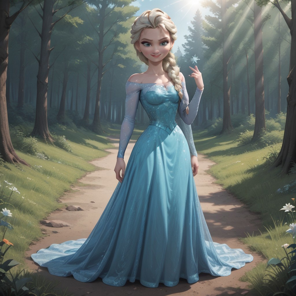score_9, score_8, BREAK, solo, Elsa_(Frozen), platinum blonde hair, braided ponytail, blue eyes, eyeshadow, lipstick, cyan long dress, cyan heels, self portrait, smile, looking at viewer, outdoors, sunlight, shadows, evening lighting, natural lighting, forest, trees, grass, orange sky, sunset
