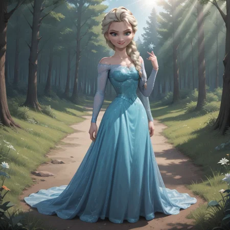 score_9, score_8, BREAK, solo, Elsa_(Frozen), platinum blonde hair, braided ponytail, blue eyes, eyeshadow, lipstick, cyan long dress, cyan heels, self portrait, smile, looking at viewer, outdoors, sunlight, shadows, evening lighting, natural lighting, forest, trees, grass, orange sky, sunset