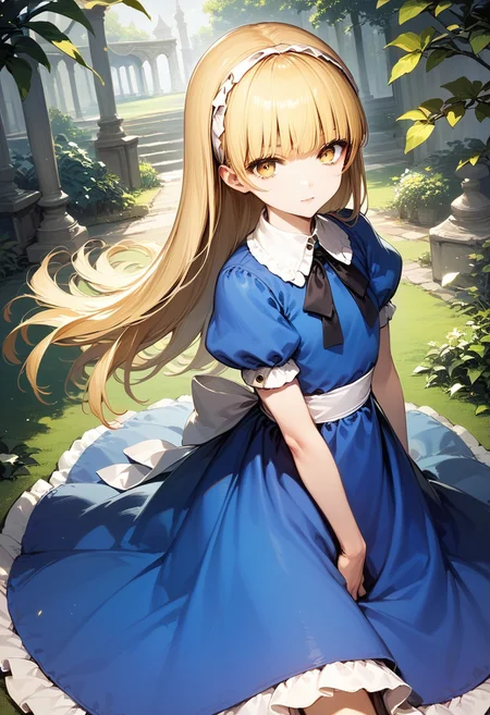 score_9, score_8_up, score_7_up, source_anime, best quality, masterpiece,
human, female, solo,
<lora:zs_AliceXL:1> alicesmt, dress, long hair, blonde hair, hairband, blunt bangs, puffy sleeves, blue dress, yellow eyes