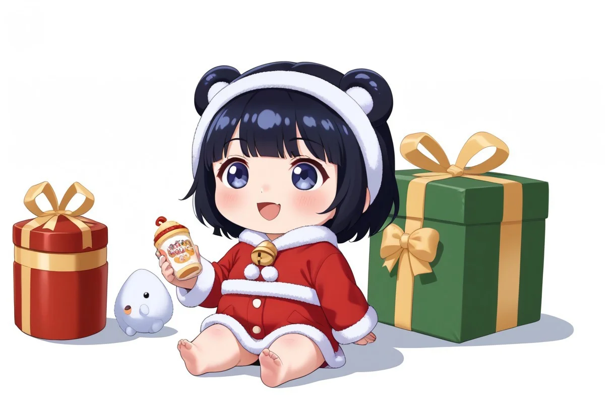 chibi solo, 1girl, medium black hair fluffy blue hanfu, wide long sleeves white hanfu, funny, chibi sitting, infant, toddler,
Fat chibi open christmas gifts, medium, baby, infant, toddler, chubby cheeks,
Toy plushie, opened mouth, smile, giggled, white background, christmas party, chibi, chibi, infant, force side view, force from side,