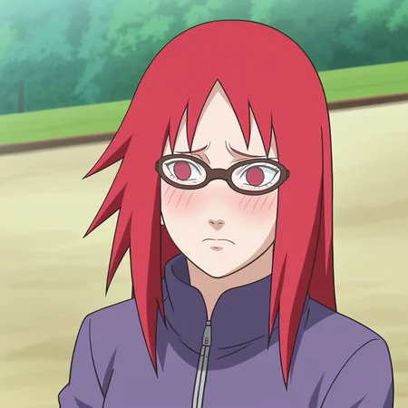 <lora:KarinXL-000020:1>,red hair, 1girl, glasses, long hair, red eyes, solo, long shirt,medium breasts, long sleeves,outdoors , no pupils,portrait, close up,zipper,looking to the side, embarrassed, blush,looking to the side, 
anime screencap, anime coloring,source_anime,naruto \(series\), naruto shippuuden,