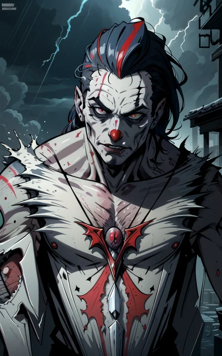 inked, splash art, cover art, masterpiece, best quality, highly detailed, intricate, 8k, sharp focus, upper body portrait of zombie vampire clown man, thunder, storm, epic scene, intense shadow, vfx, by todd mcfarlane