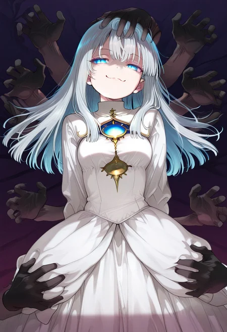 great quality,1girl,white mantel,(almic,akakura,ogipote,:0.9),2024 style, (sincos:0.9),disembodied hand ,black multiple hands behind girl,black disembodied hand ,silver hair,smug,glowing eyes,blue eyes,expressionless,long hair,white dress,