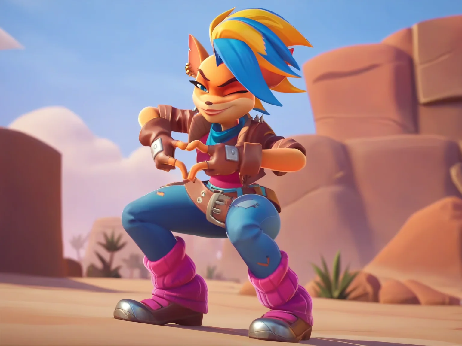 Score_9, score_8_up, score_7_up, score_6_up, score_5_up, score_4_up, BREAK
desert, cloudy sky
<lora:Pirate_Tawna_Bandicoot_-_In-game_screencap:0.8> tawn bandicoot, screencap, orange fur, furry female, two-tone hair, blue eyes, spiky faux-hawk, ear piercing, blue bandana, pink top, brown leather jacket, fingerless gloves, blue patched pants, leather belt, pink leg warmers, boots, one eye closed, heart hands