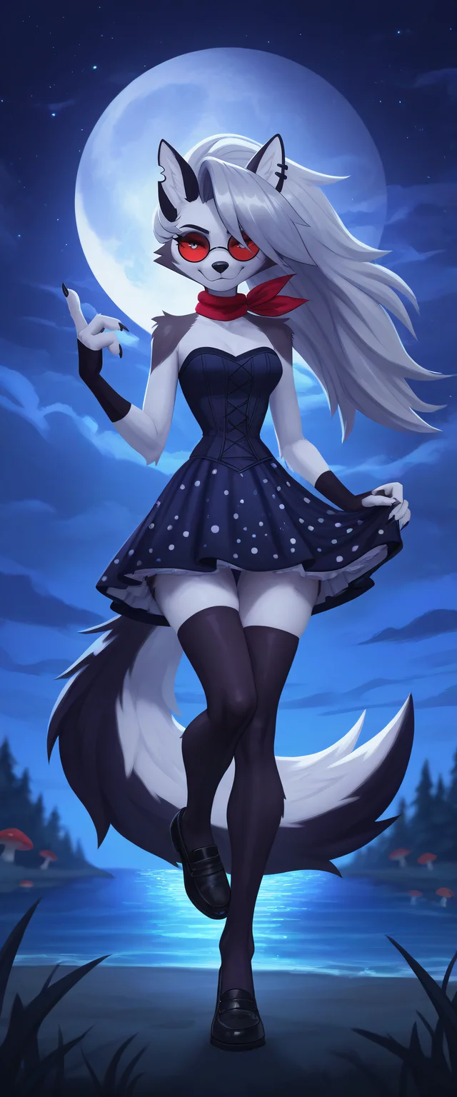 furry, animal ears, long snout, wolf girl, tail, furry female, wolf ears, loona, hellhound, claws, red eyes, wolf tail, breasts, medium breasts, (red sclera:0.8), (white eyes:0.8),(4 fingers:1.2), body fur, srhsrhshshs, srhsrhshshs, srhsrhshshs, Amaranth dress, fitted bodice, full circle skirt, petticoat underneath, polka dot pattern, saddle shoes, scarf tied in hair, cat eye glasses,, evulchibi_style,, mushroom forest, embedding:HDA_BKGD_NightSky,, Playful Seduction with One Leg Raised: Stand with one leg raised playfully resting your hand on your knee exuding confidence and allure.,,<lora:Illustrious\Artstyles\Evulchibi Style.safetensors:0.9:0.9> <lora:Illustrious\Detailing\NoobAI-XL Detailer v1.0.safetensors:0.33:0.33> <lora:Illustrious\Detailing\Lighting Adjustment.safetensors:0.45:0.45>, <lora:Illustrious\Characters\Loona (WaifuChef VPred).safetensors:0.52:0.52>