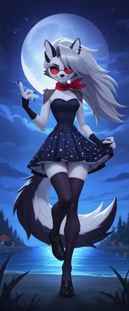 furry, animal ears, long snout, wolf girl, tail, furry female, wolf ears, loona, hellhound, claws, red eyes, wolf tail, breasts, medium breasts, (red sclera:0.8), (white eyes:0.8),(4 fingers:1.2), body fur, srhsrhshshs, srhsrhshshs, srhsrhshshs, Amaranth dress, fitted bodice, full circle skirt, petticoat underneath, polka dot pattern, saddle shoes, scarf tied in hair, cat eye glasses,, evulchibi_style,, mushroom forest, embedding:HDA_BKGD_NightSky,, Playful Seduction with One Leg Raised: Stand with one leg raised playfully resting your hand on your knee exuding confidence and allure.,,<lora:Illustrious\Artstyles\Evulchibi Style.safetensors:0.9:0.9> <lora:Illustrious\Detailing\NoobAI-XL Detailer v1.0.safetensors:0.33:0.33> <lora:Illustrious\Detailing\Lighting Adjustment.safetensors:0.45:0.45>, <lora:Illustrious\Characters\Loona (WaifuChef VPred).safetensors:0.52:0.52>