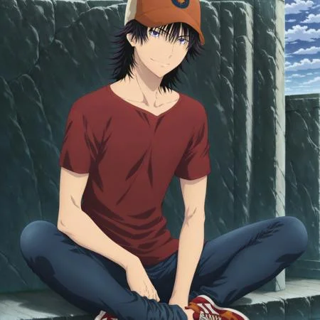 masterpiece,best quality,very aesthetic,absurdres,4k,8k,intricate detail,amazing quality,anime coloring, anime screencap, ((1male focus, solo boy focus, one character only)), anime, anime screencap, perfect eyes, perfect anatomy, perfect hands, handsome, attractive, sexy, good-looking, ((Sora Takeuchi, black hair, medium-length hair, messy hair,, ballcap, dark red t-shirt, dark blue jeans, sneakers, , Sora Takeuchi, black hair, medium-length hair, messy hair, ballcap, dark red t-shirt, dark blue jeans, sneakers,)), violet eyes, relaxed, smile, front view,