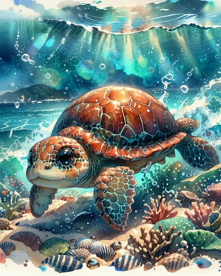 score_9, score_8_up, score_7_up, intricate details, rating_safe,
<lora:SoftWatercolors:1>, SoftWaterColor, 1boy(,
sea turtle,
full body, looking at the viewer, solo, friendly expression), detailed background, depth of field, subsurface scattering,
<lora:ral-chrosc-clr:0.3>, ral-chrosc-clr,
<lora:xl_more_art-full_v1:0.3>,
<lora:add-detail-xl:0.3>