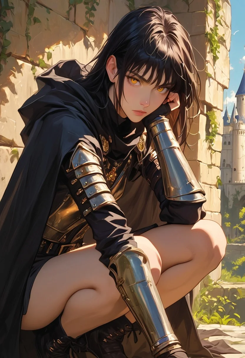 masterpiece, best quality, highly detailed, ultra-realistic, score_9, score_8_up, score_7_up, score_6_up, source_cartoon,
BREAK
1girl, solo, girl 26yo, jet-black hair, golden eyes, wearing a dark cloak and leather armor, crouching in the shadows of a castle corridor, (focus on her expression: stealthy, calculating), (background: stone walls, torches flickering, a distant sound of footsteps), (atmosphere: tense, with a sense of impending danger)