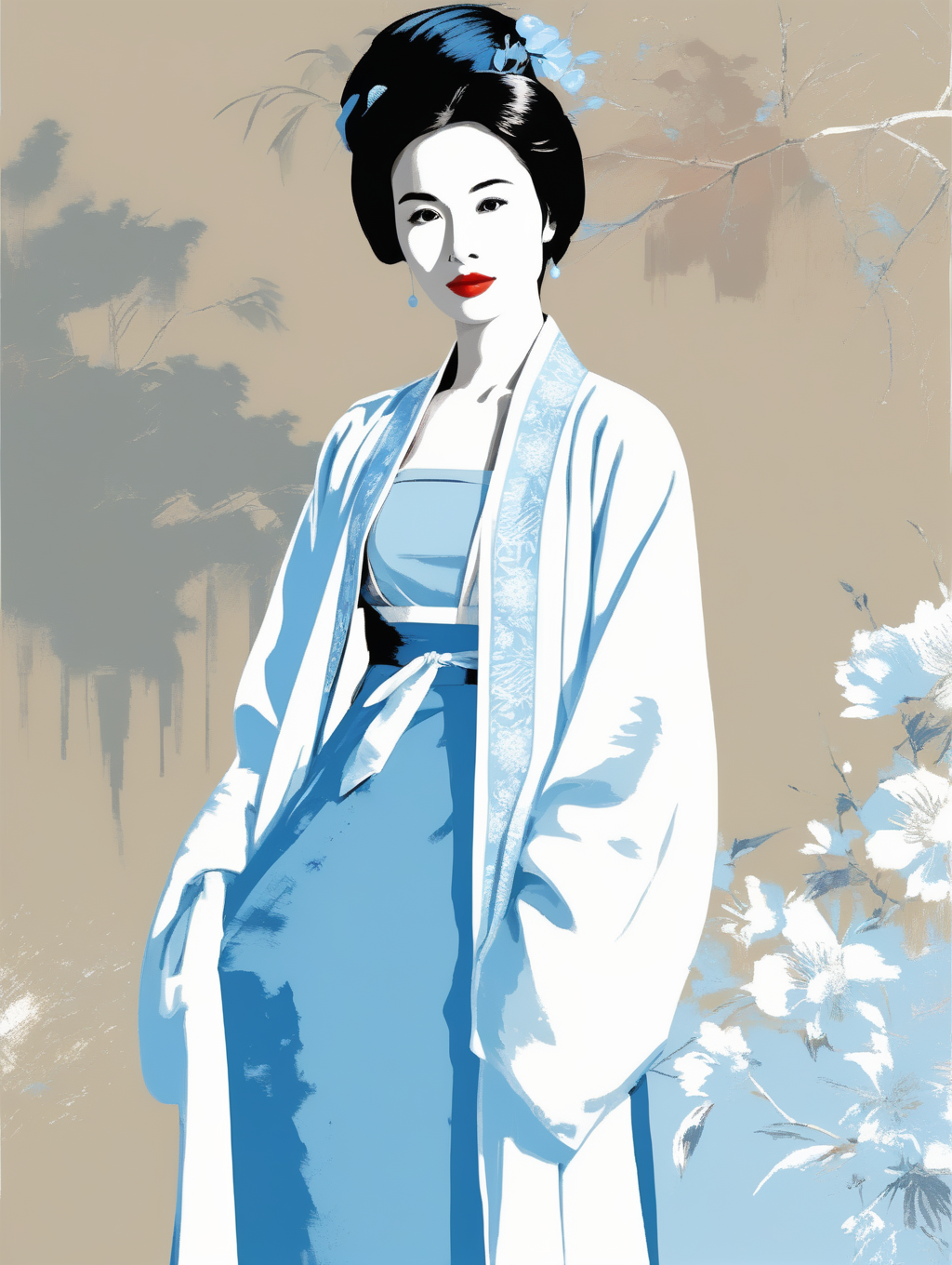 ink on canvas ,a beautiful girl in szhf dress,beizi, Andy Warhol style, vector style, light blue and white <lora:szhf:0.6>