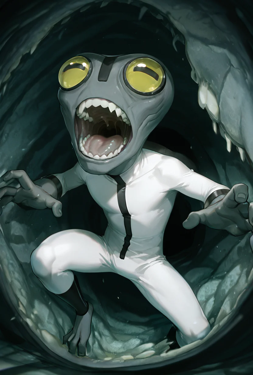 <lora:greymatter-09:1> greymatter, solo, 1boy, white bodysuit, grey skin, , small body, big hands,  , sharp teeth, big yellow eyes, big head, dynamic pose, <lora:WSSKX_WAI:1>, inside monster mouth, being crushed, teeth, inside mouth, uvula, masterpiece, best quality, amazing quality, very aesthetic, absurdres, newest,
